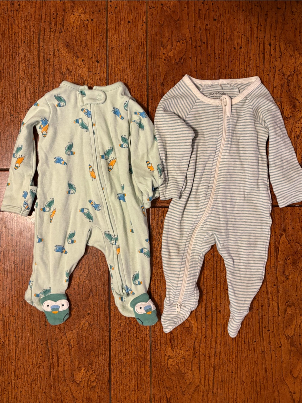 Baby One-Piece Footed Pajamas-Mint Green w/ Toucans & Light Blue Stripe, Newborn